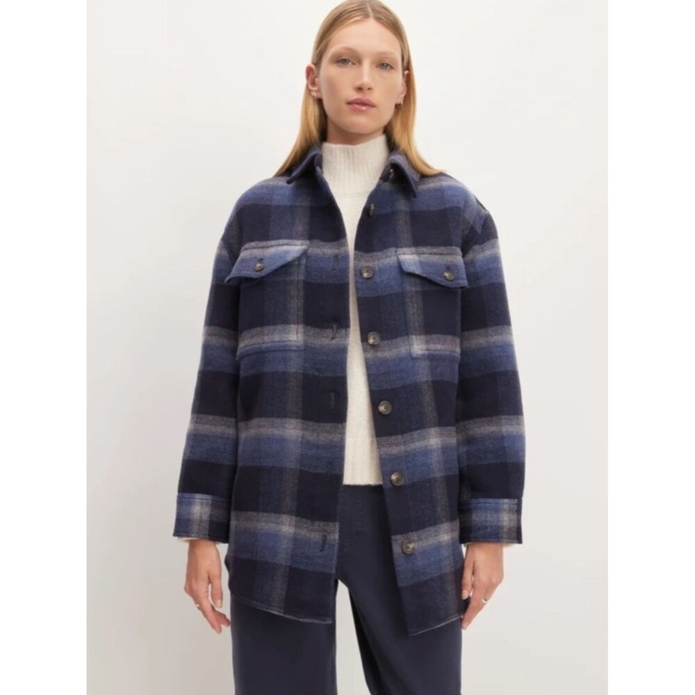 Everlane The Italian ReWool Oversized Shirt Jacket Blue Plaid Recycled Wool SZ S